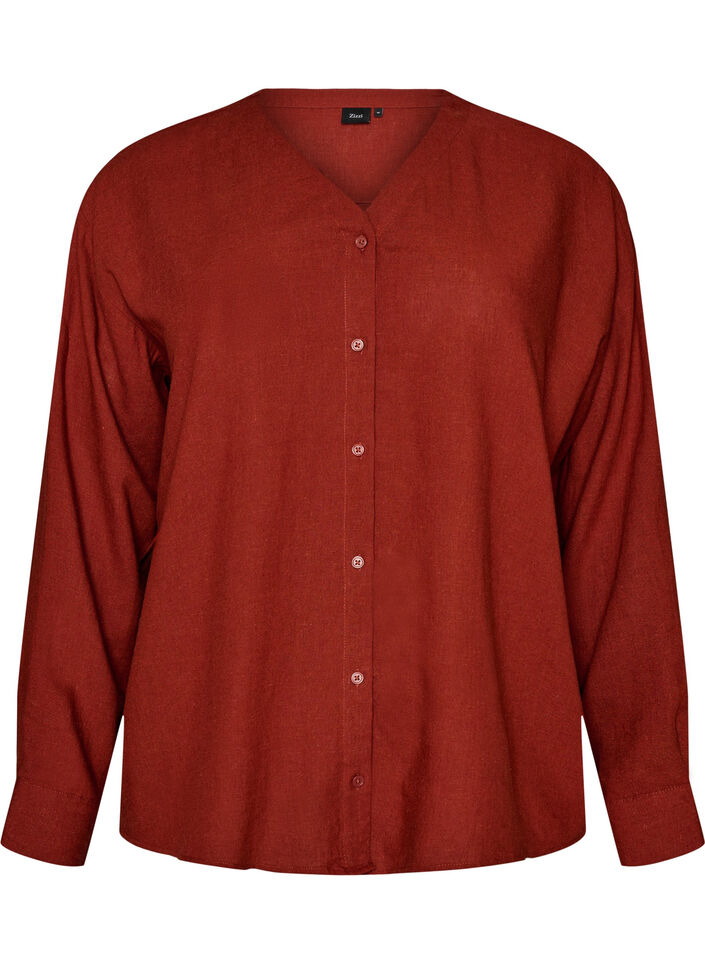 Blouse en lin et viscose avec col en V, Bordeaux, Packshot image number 0