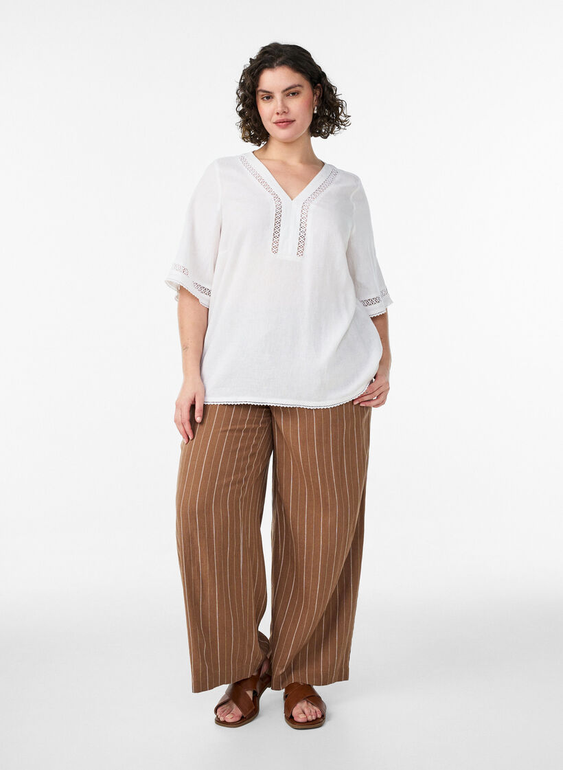 Pantalon large en lin et viscose, Marron, Model