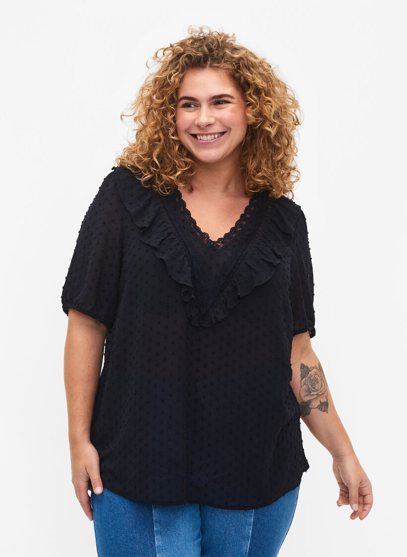 Blouse à manches courtes et structure à pois, Night Sky, Model image number 0