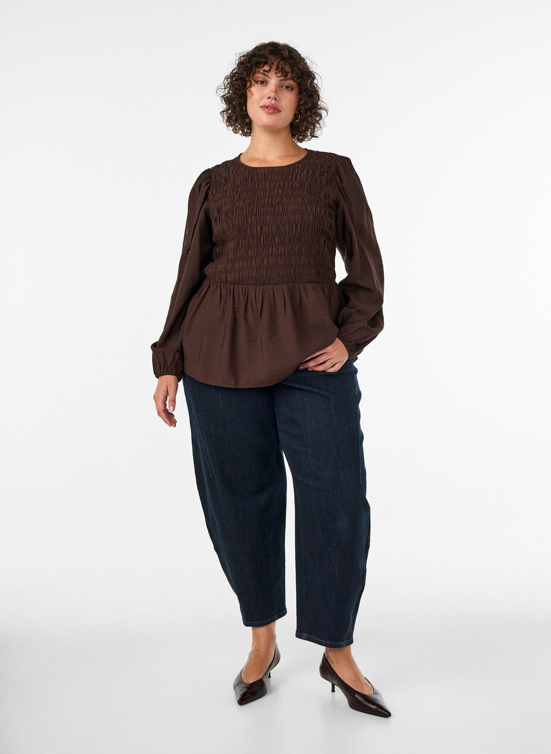 ZizziBlouse avec smocks et manches longues, Marron, Model image number 1