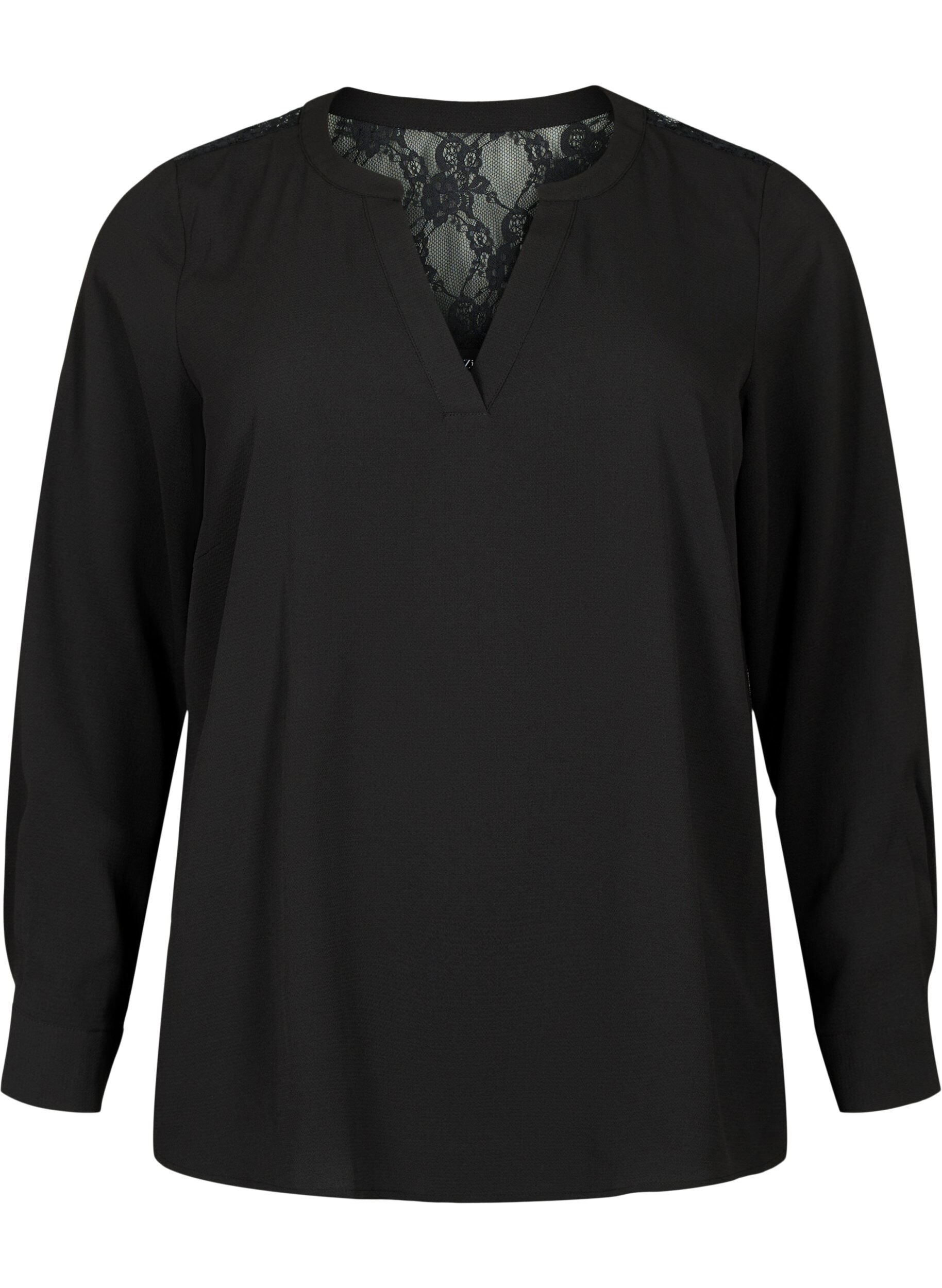 Zizzi Blouse &agrave; manches longues avec d&eacute;tails en dentelle, Black, Packshot image number 0
