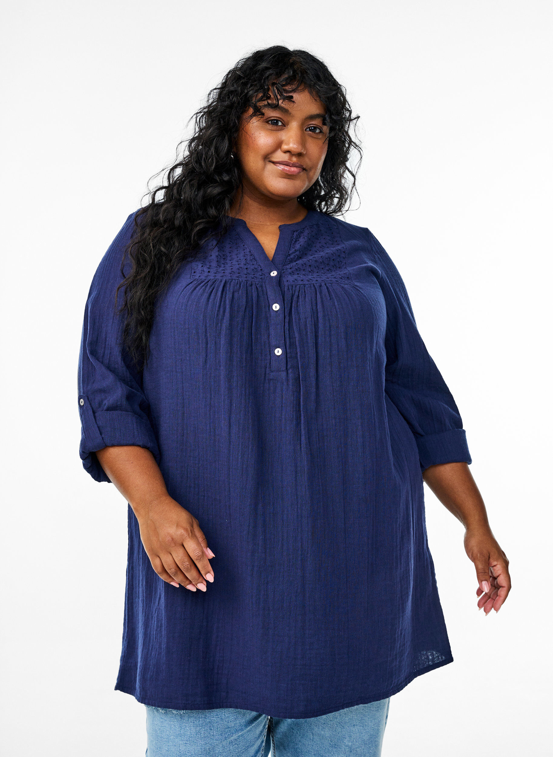 ZizziTunique en mousseline de coton avec broderie anglaise, Bleu, Model image number 0