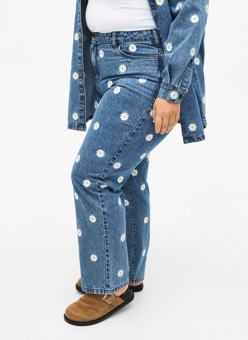 Jean Gemma taille haute avec des marguerites, Bleu Clair, Model image number 2