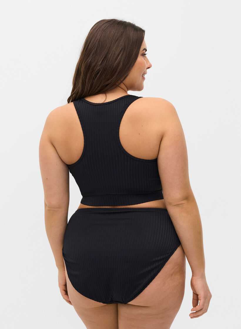 Bas de bikini taille haute avec texture côtelée, Black, Model image number 1