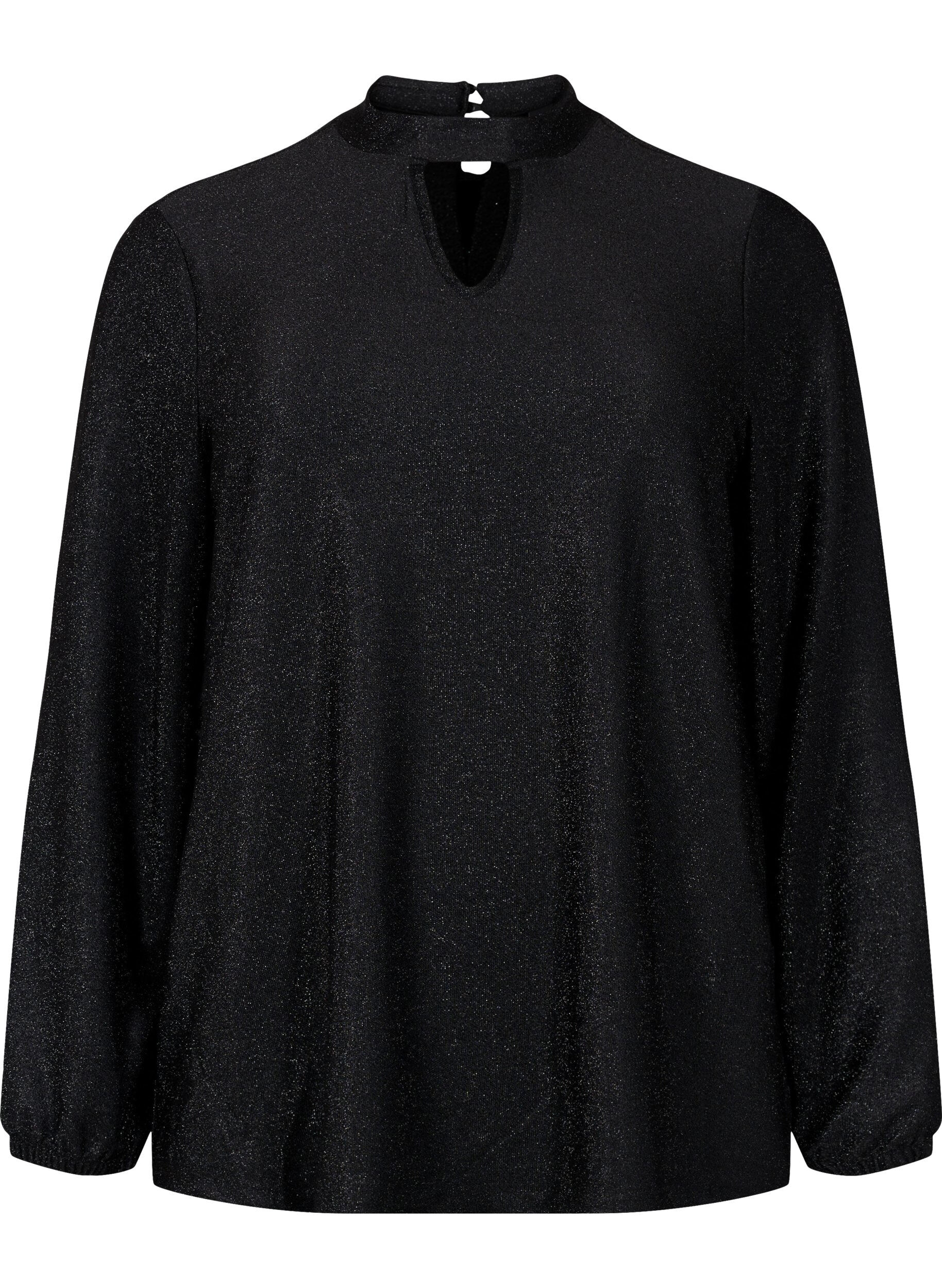 Zizzi Blouse scintillante &agrave; manches longues avec d&eacute;collet&eacute; arrondi et d&eacute;tail en V, Black Black, Packshot image number 0