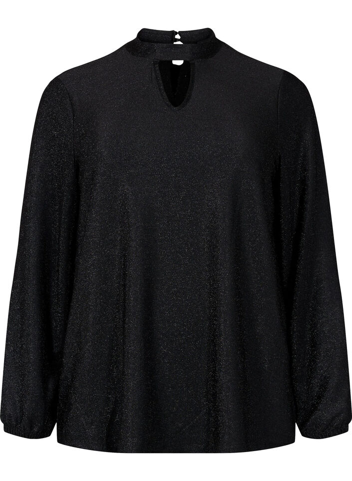 Blouse scintillante &agrave; manches longues avec d&eacute;collet&eacute; arrondi et d&eacute;tail en V, Black Black, Packshot image number 0