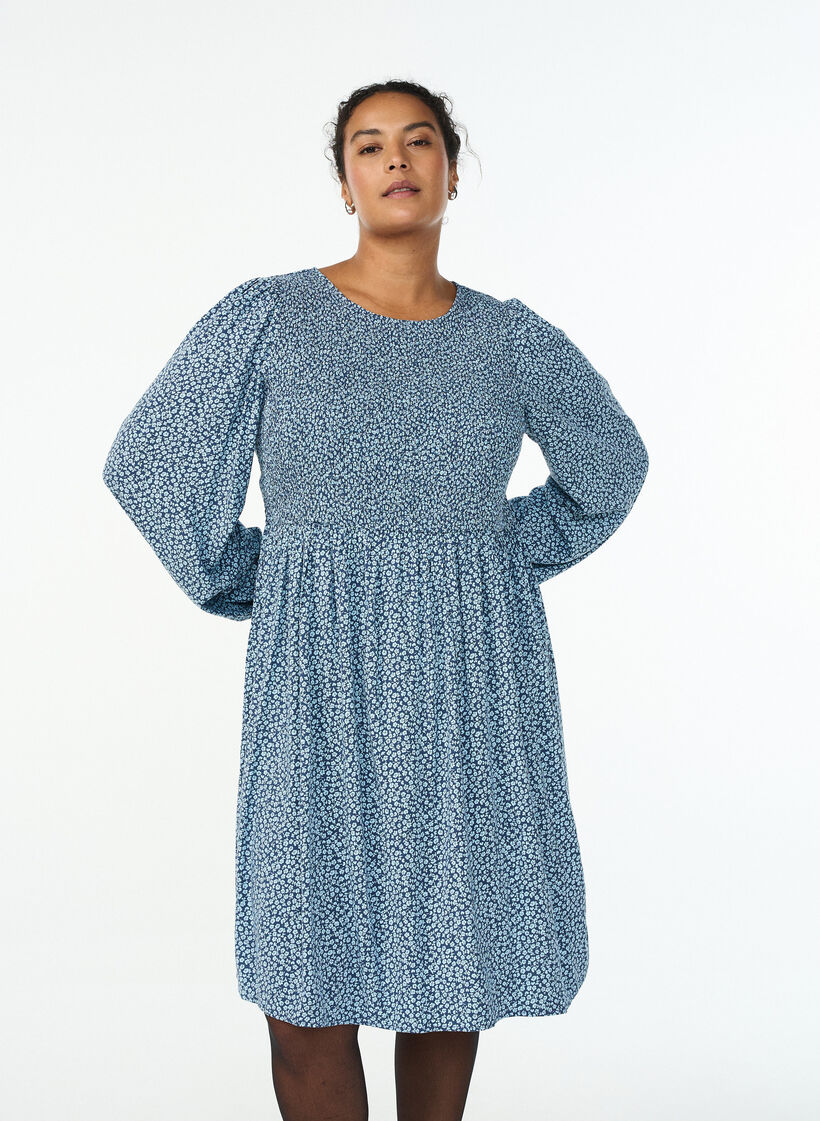 Robe avec haut smocké et imprimé à petites fleurs, Bleu, Model image number 0
