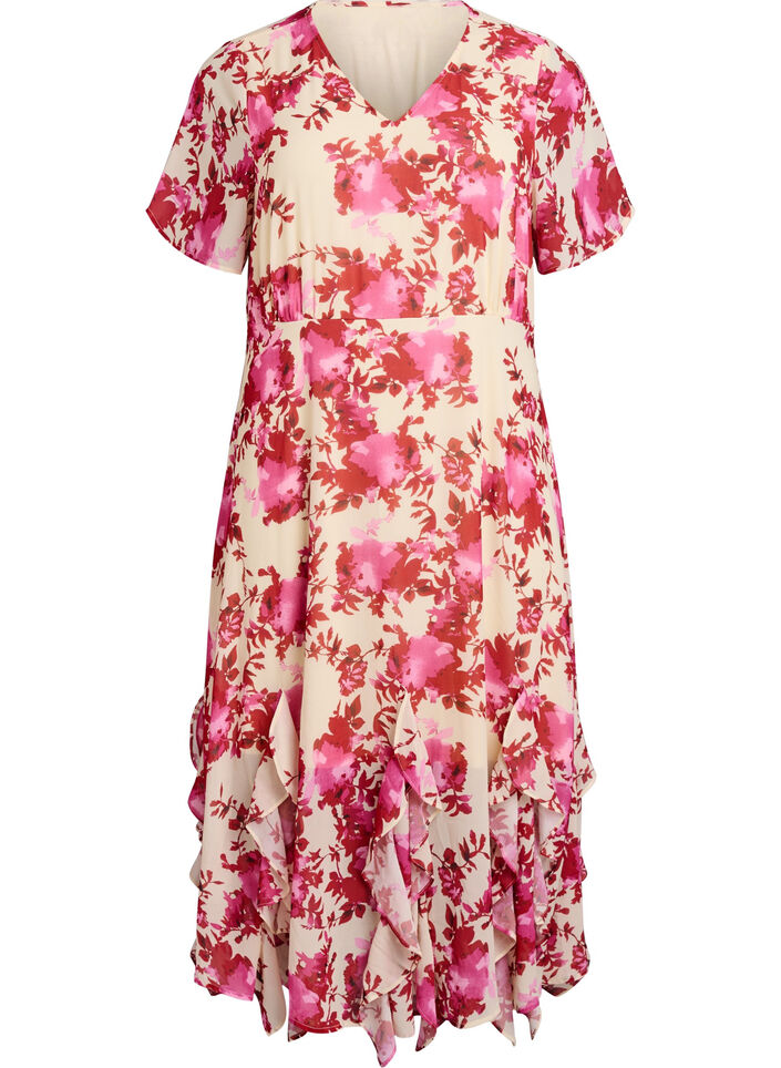 Robe florale en mousseline avec volants et col en V, 9990, Packshot image number 0