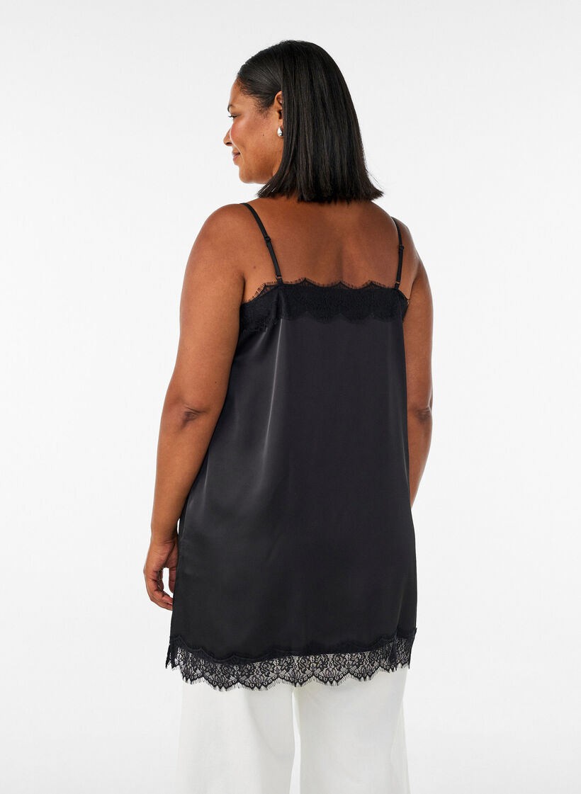 Haut long en satin bord&eacute; de dentelle, Noir, Model image number 2