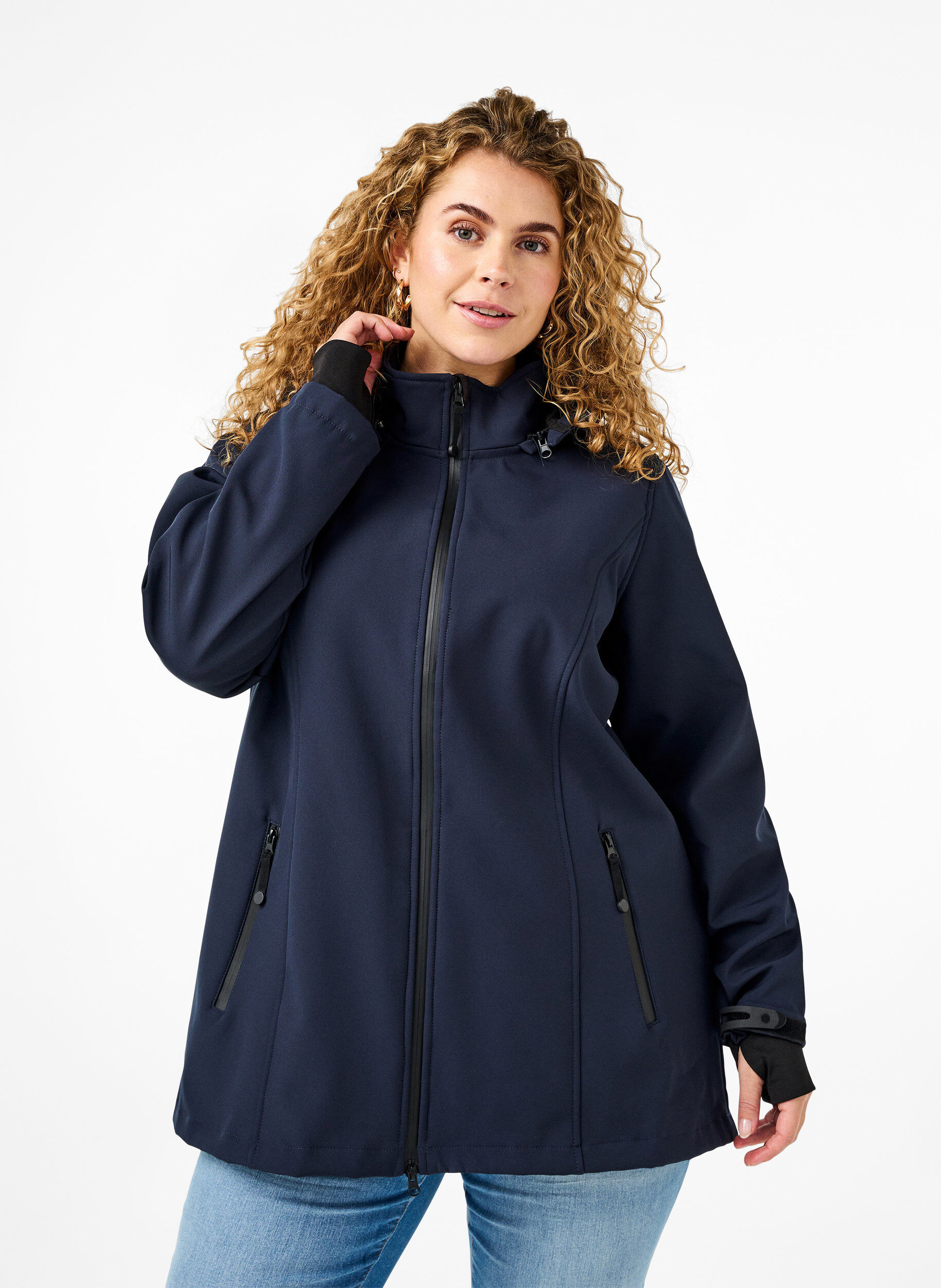 Veste softshell courte avec capuche amovible, Bleu, Model