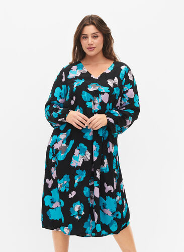Robes en viscose à manches longues avec imprimé, Blue AOP, Model image number 0