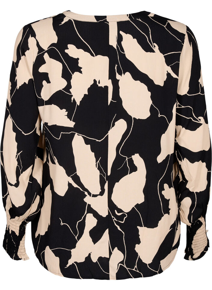 Blouse en viscose imprimée avec smock, Black AOP, Packshot image number 1