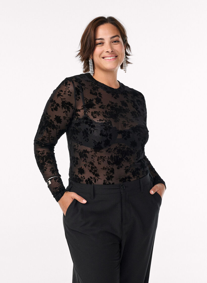 Blouse en maille &agrave; motif floral, Noir, Model image number 0