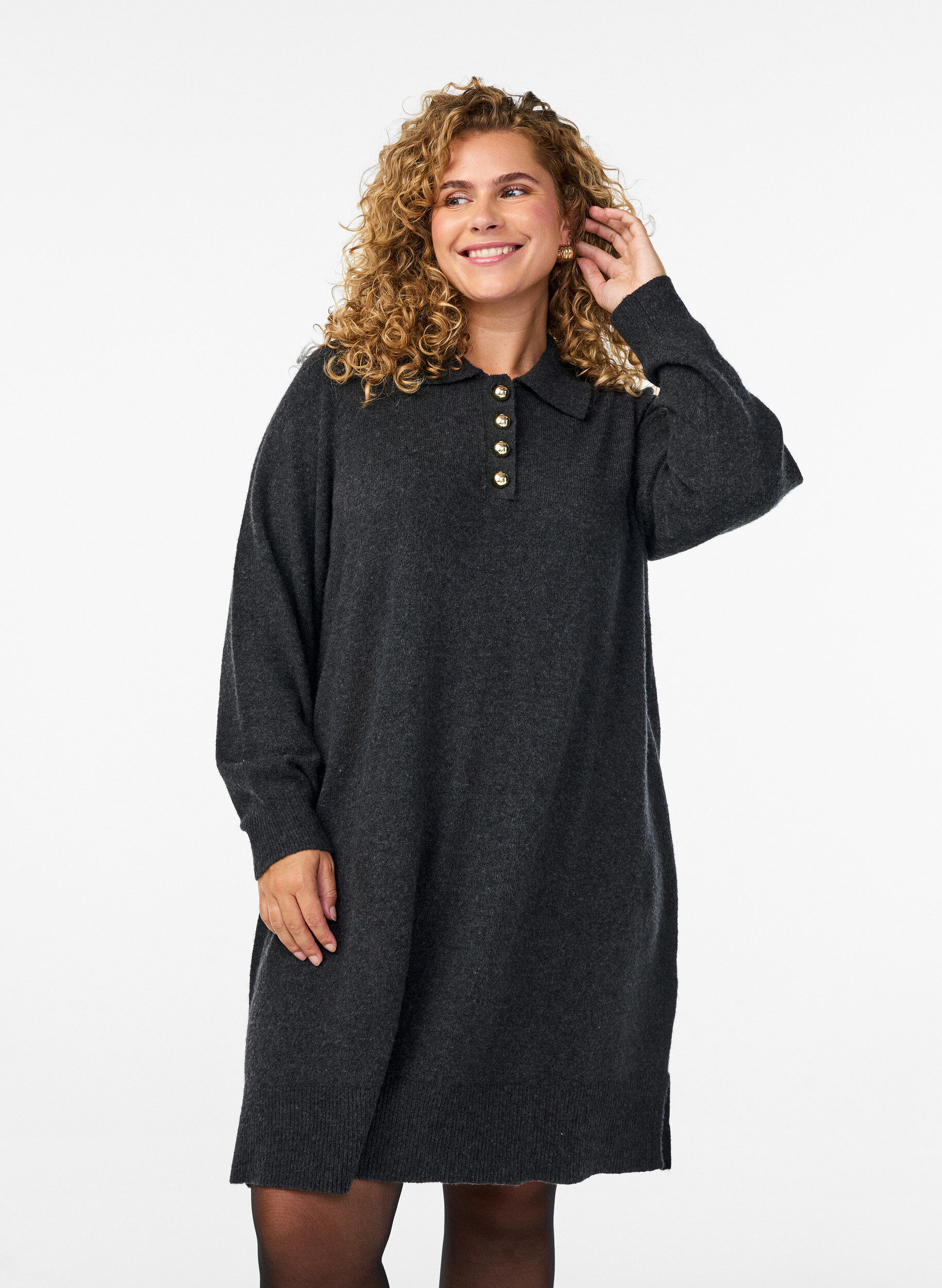 Robe courte en maille &agrave; col polo et boutons, Gris anthracite, Model
