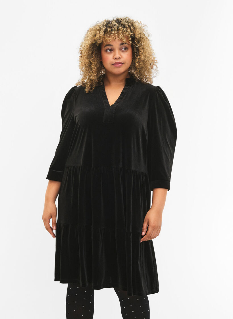 Robe en velours avec col à volants et manches 3/4, Black, Model image number 0
