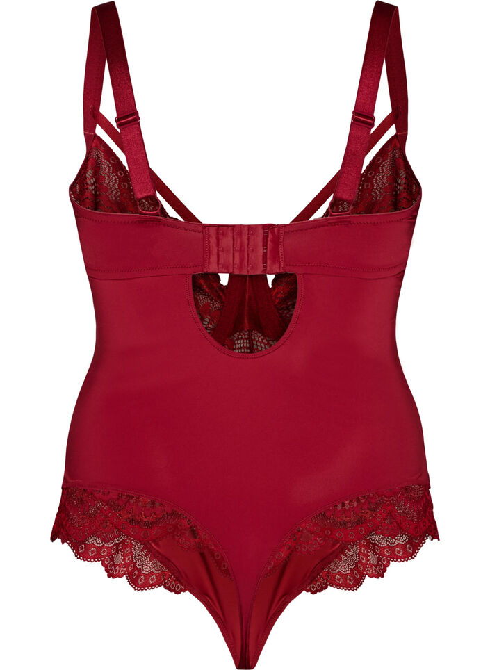 Body en dentelle &agrave; armatures avec d&eacute;tails de lani&egrave;res, Rouge, Packshot image number 1