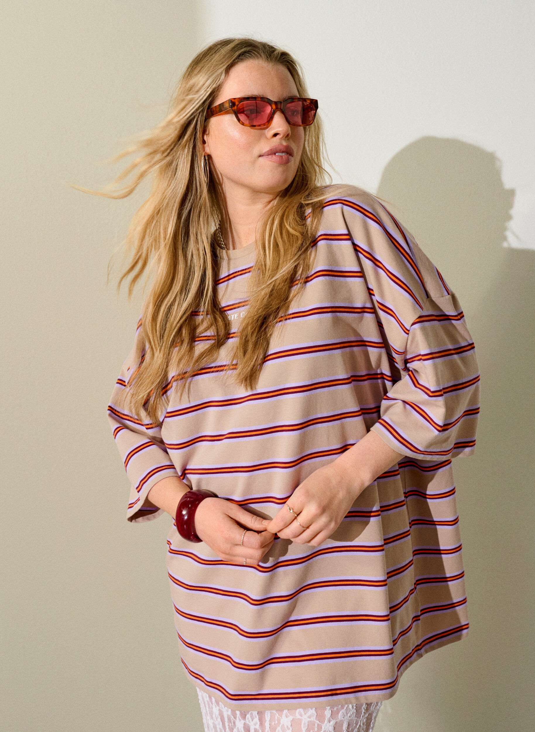 ZizziT-shirt oversize &agrave; rayures et manches 1/2, Beige, Image image number 0
