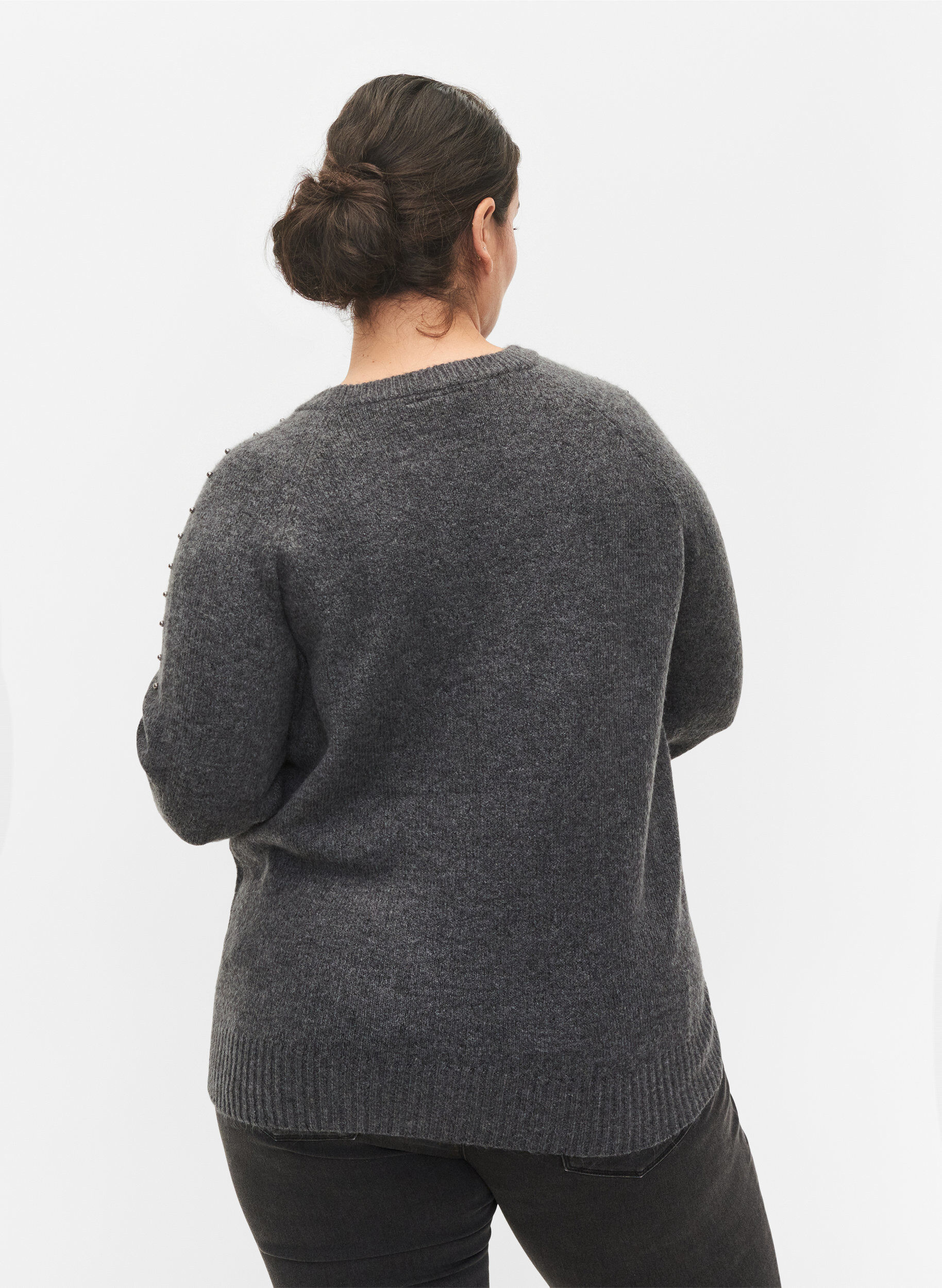 Zizzi Pull en maille avec perles, Dark Grey Melange, Model image number 1