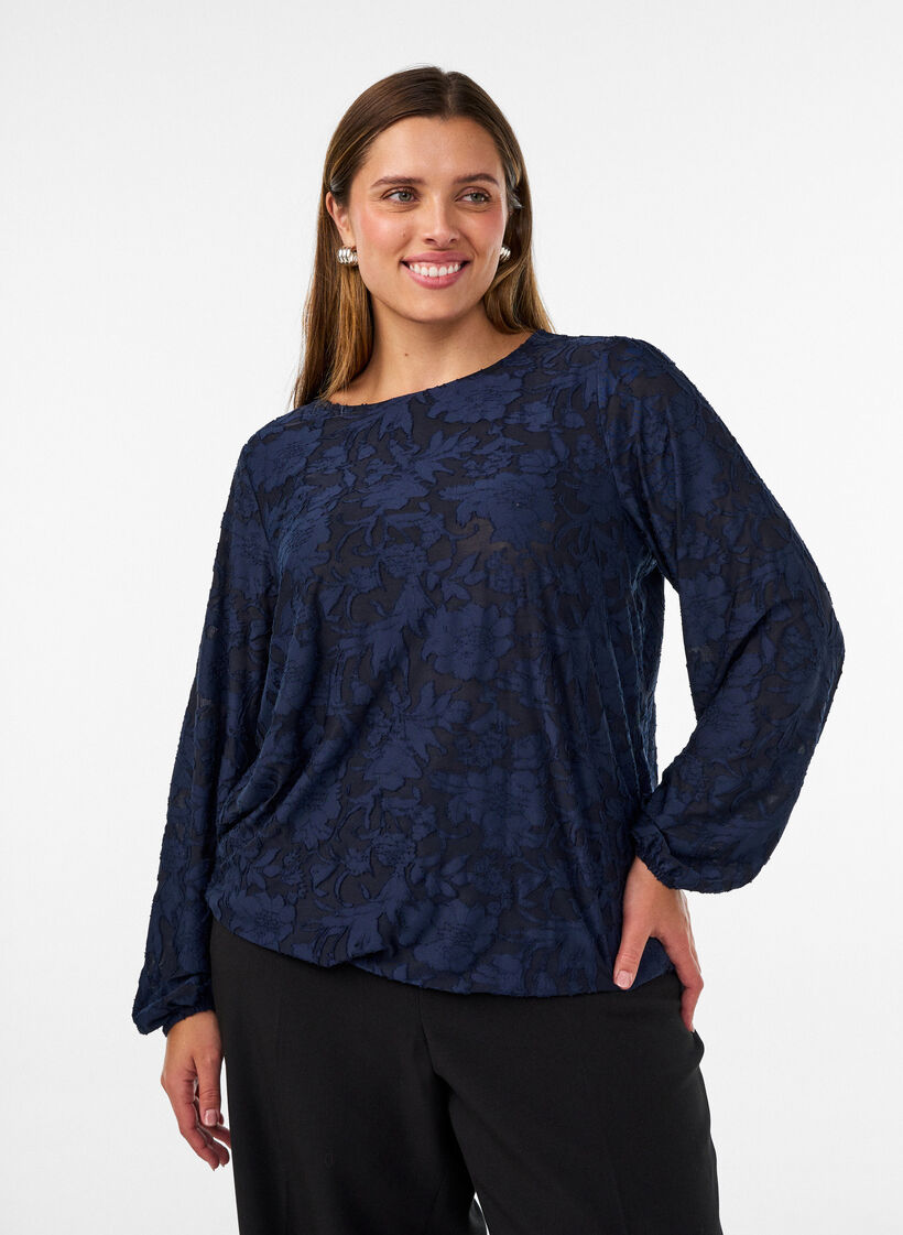 Blouse transparente avec texture florale et manches longues, Bleu, Model image number 0