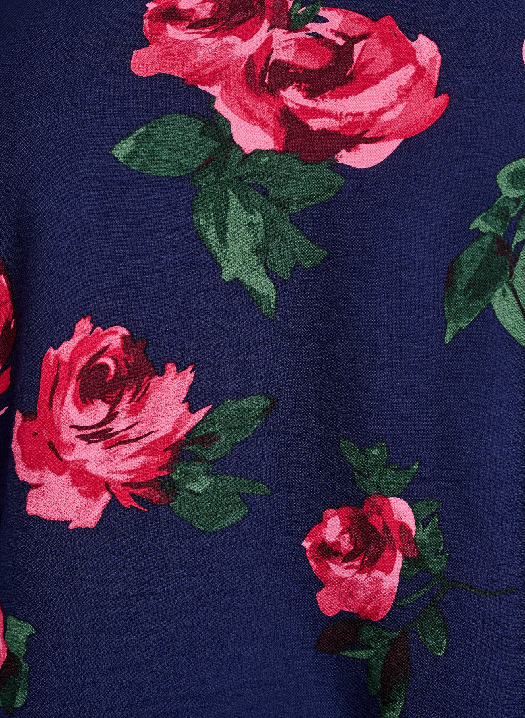 Zizzi Blouse &agrave; imprim&eacute; roses et manches courtes bouffantes, Bleu, Packshot image number 2