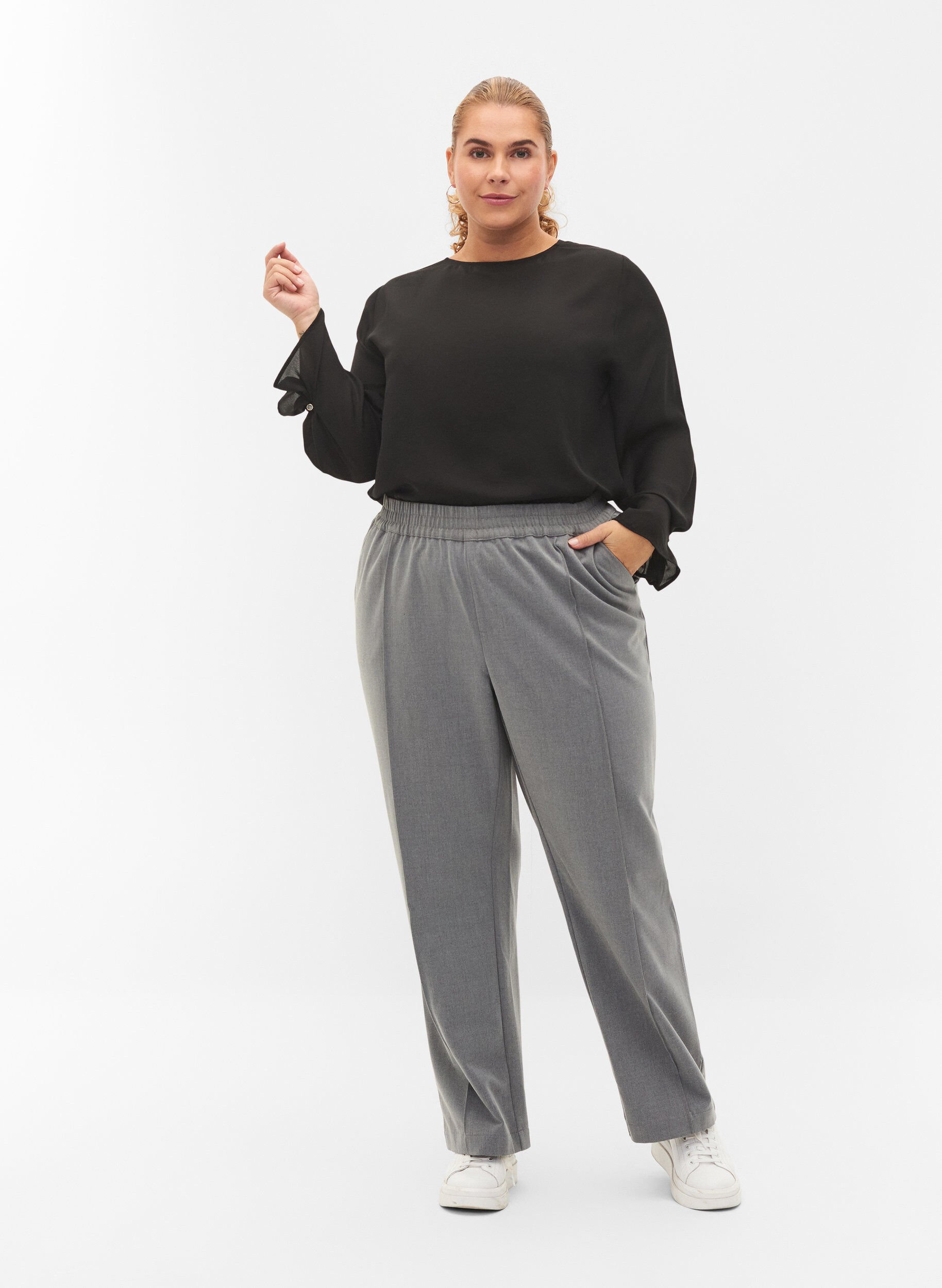 Zizzi Pantalon m&eacute;lang&eacute; gris avec &eacute;lastique &agrave; la taille, Medium Grey Melange, Model image number 0
