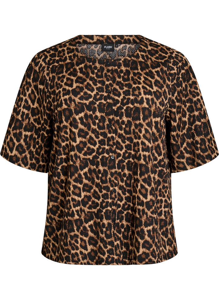 Blouse textur&eacute;e &agrave; manches courtes et fermeture boutonn&eacute;e, Noir, Packshot image number 0