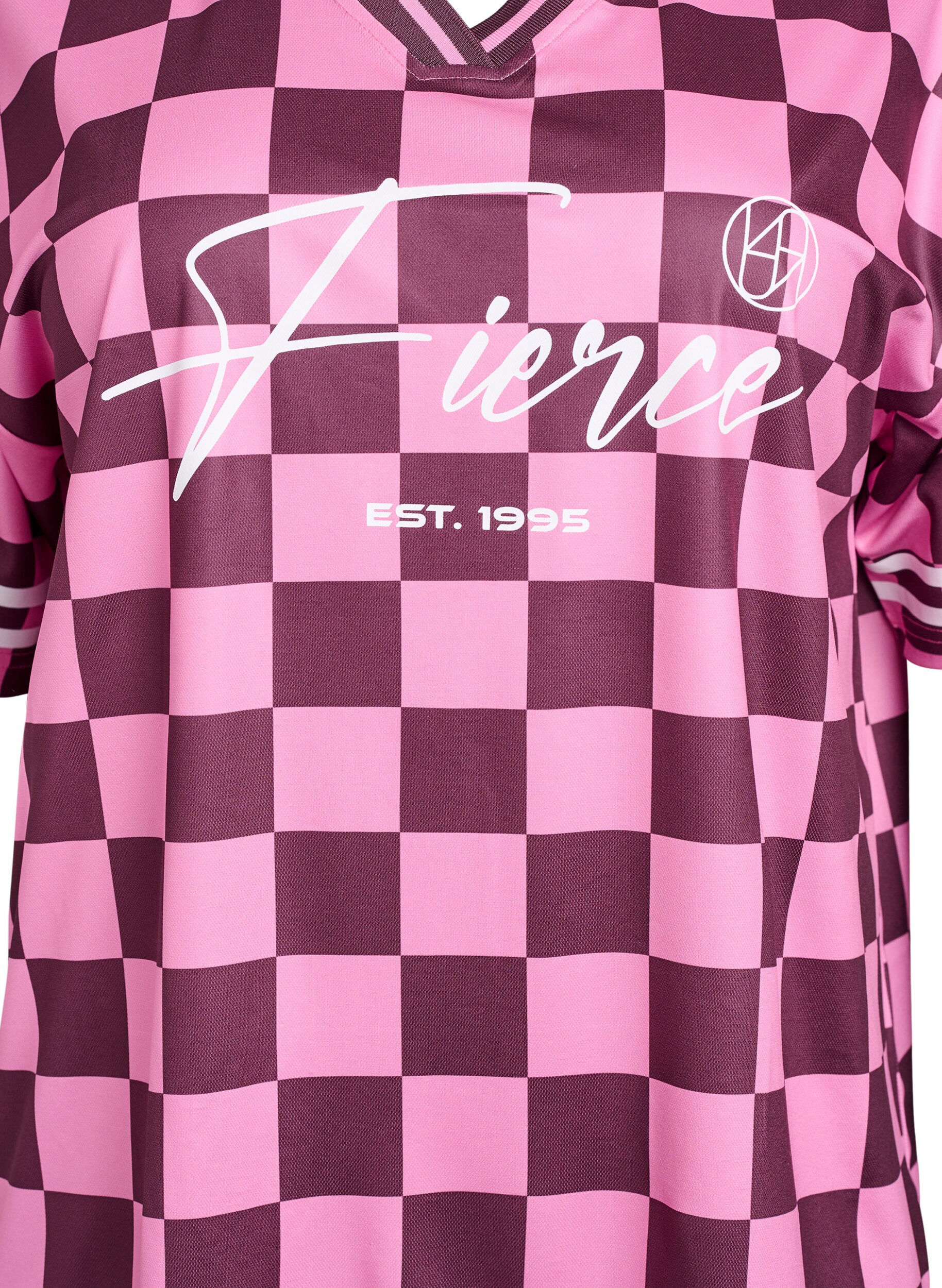 Zizzi T-shirt sport imprim&eacute; carreaux et texte, Bordeaux, Packshot image number 2