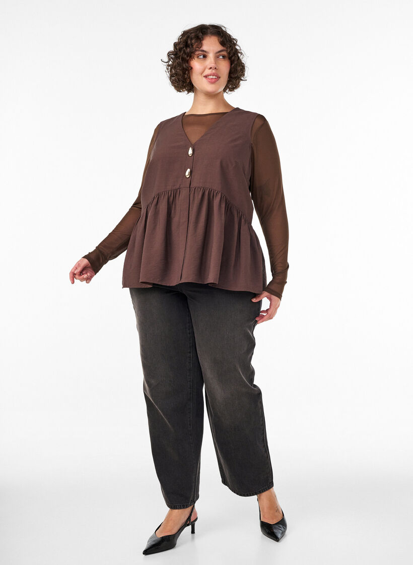 Blouse p&eacute;plum sans manches avec boutons d&eacute;coratifs, Marron, Model image number 1