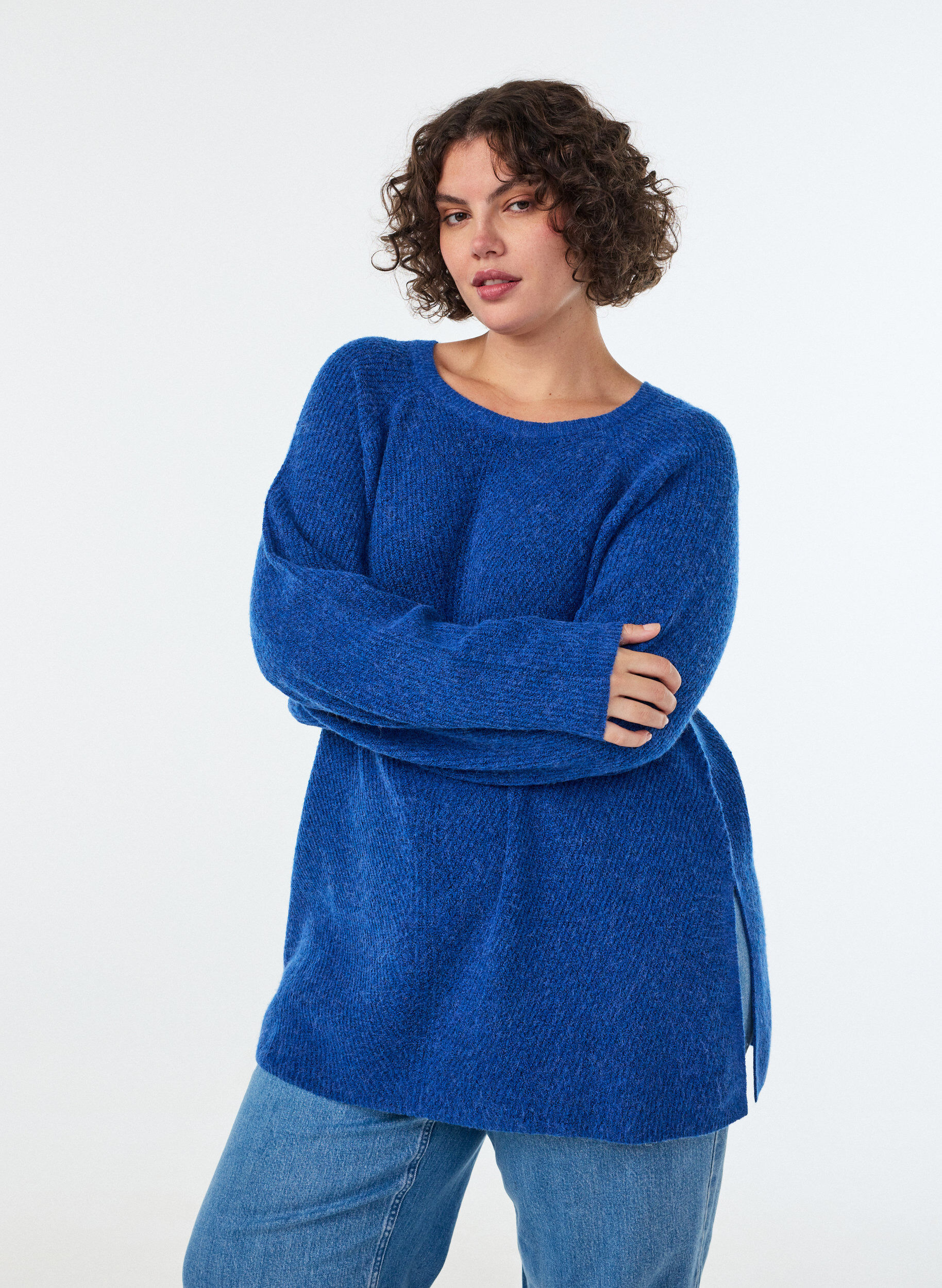 ZizziPull en maille avec motif diagonal et manches raglan, Bleu, Model image number 0