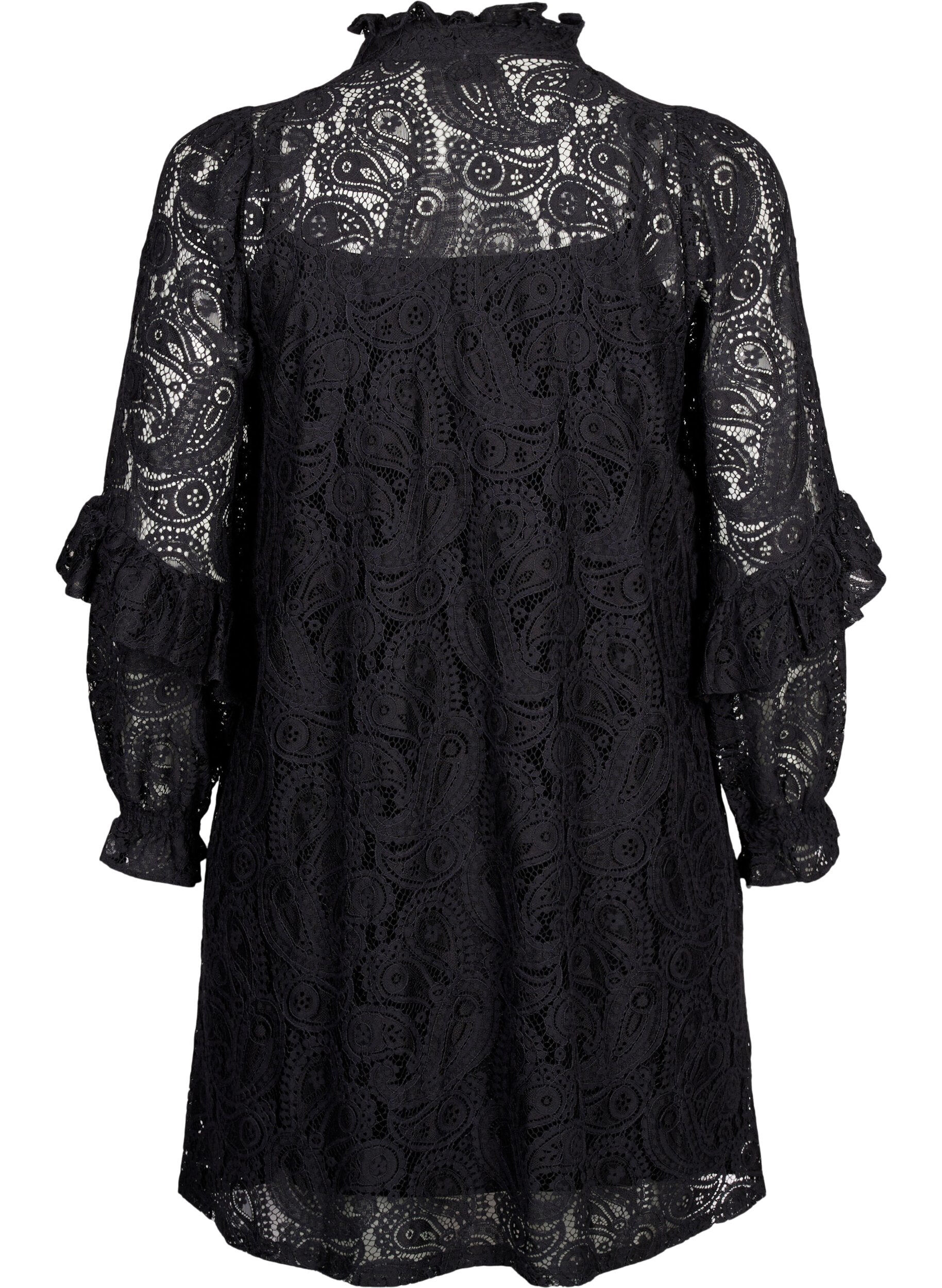 Zizzi Robe courte en dentelle &agrave; jabot, Black, Packshot image number 1
