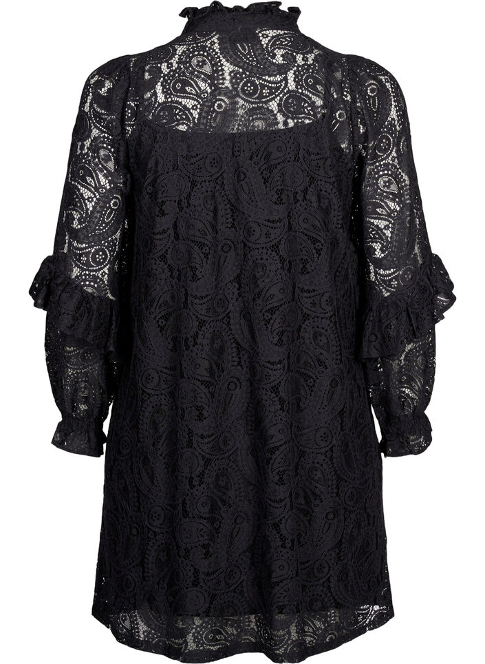 Robe courte en dentelle à jabot, Black, Packshot image number 1