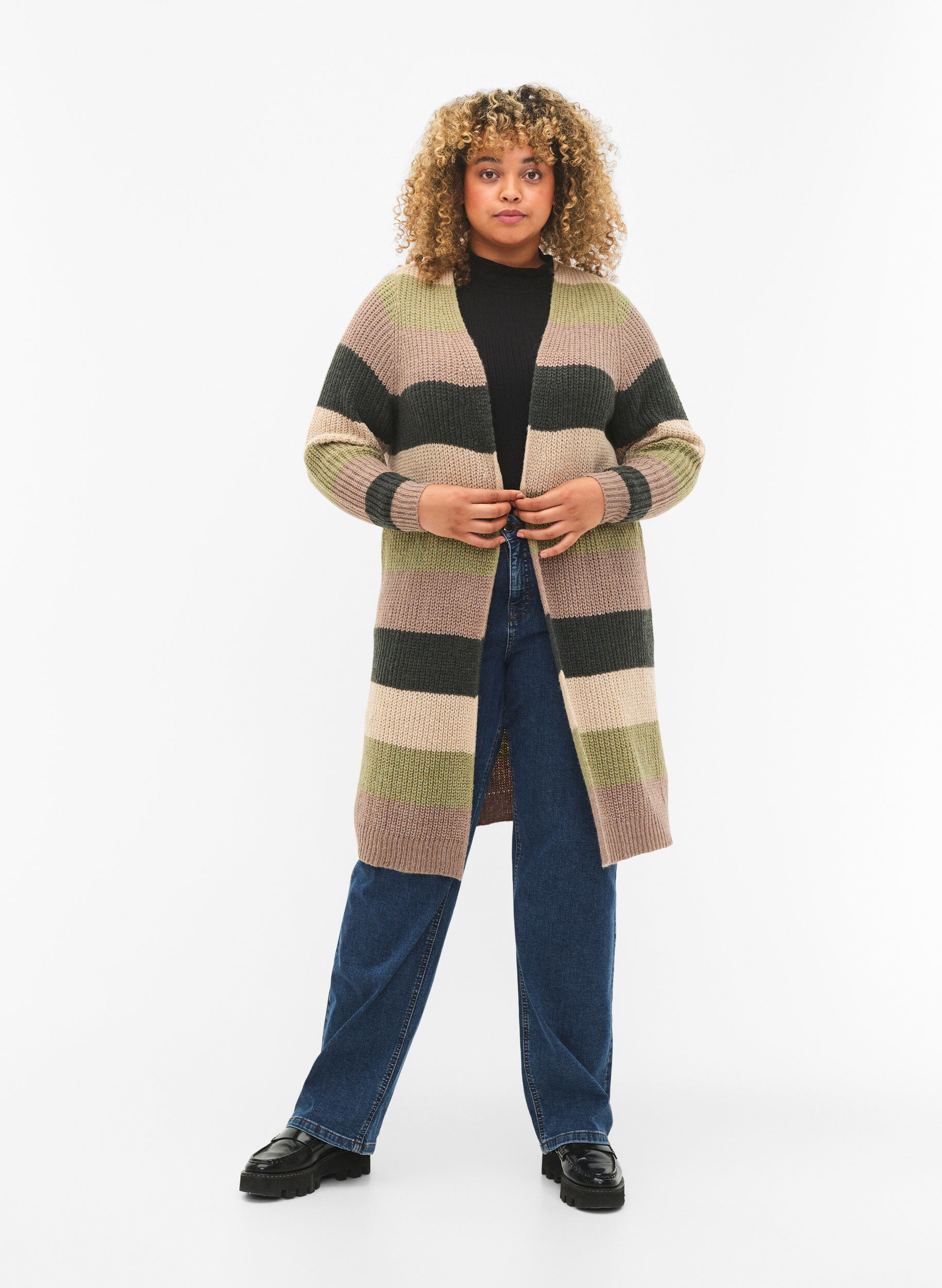 Zizzi Cardigan long en tricot c&ocirc;tel&eacute; &agrave; rayures, Forest Night Comb, Model image number 2
