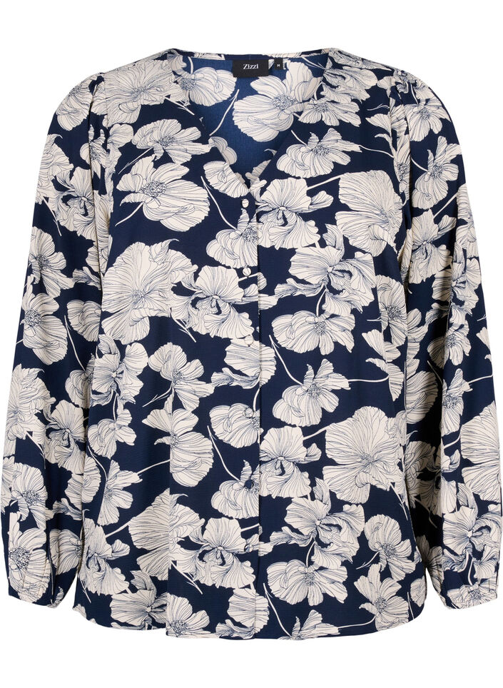 Blouse avec col en V et imprimé, Navy B. Flower AOP, Packshot image number 0
