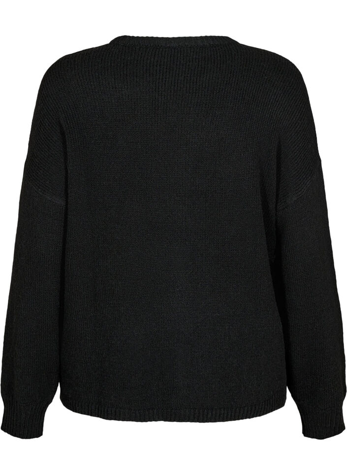 Pull en maille à manches longues, contenant de la laine et à col rond, Black Solid, Packshot image number 1