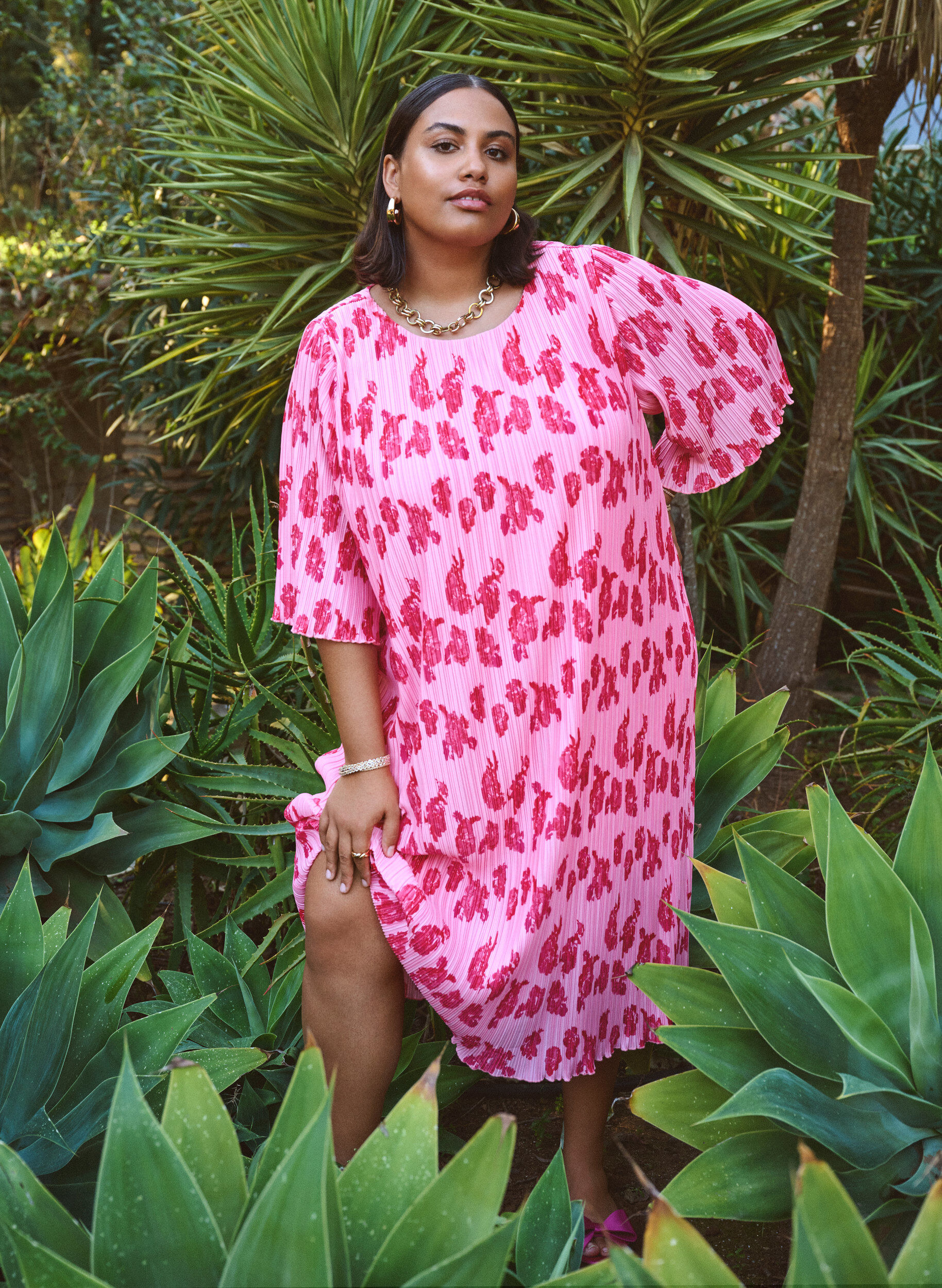 Zizzi Robe pliss&eacute;e avec manches 3/4, Rose, Image image number 0