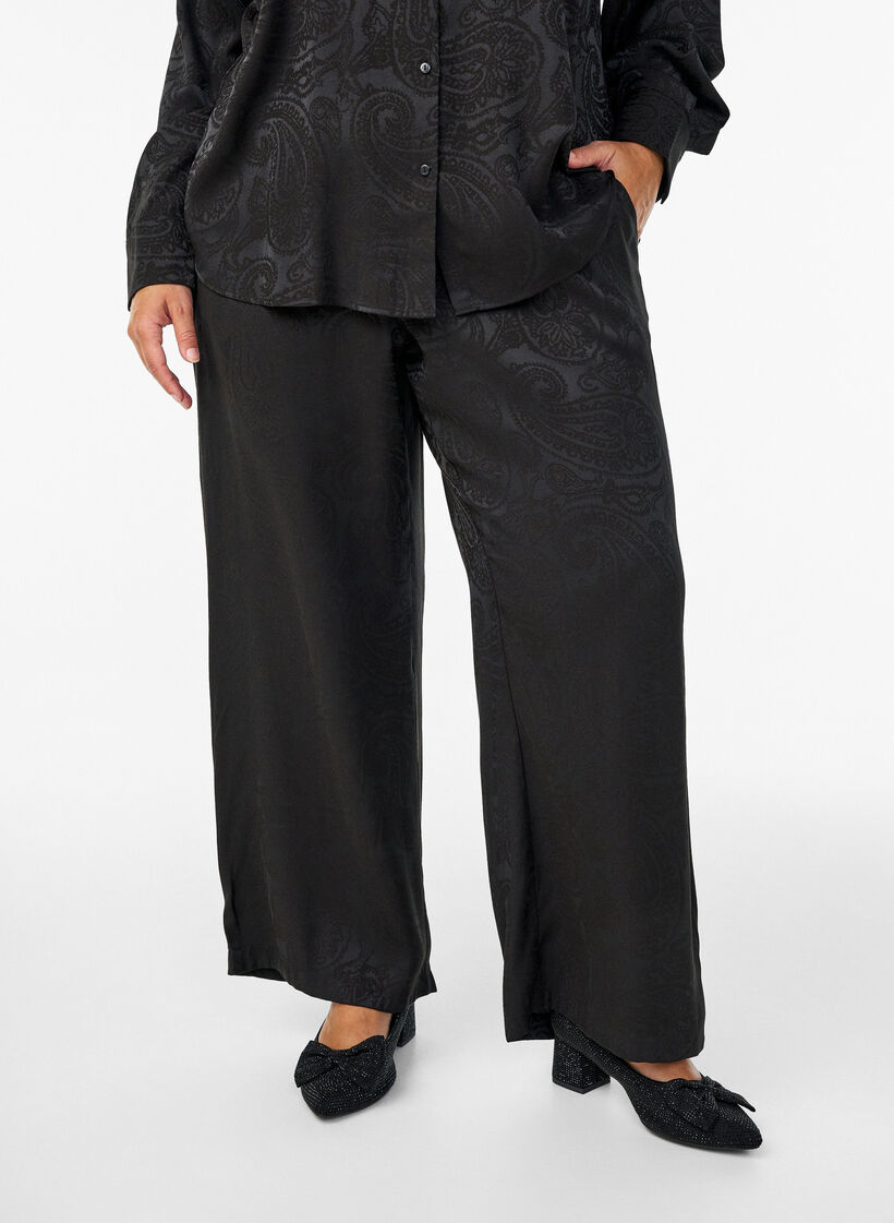 Pantalon ample &agrave; motif cachemire et taille haute, Noir, Model image number 2