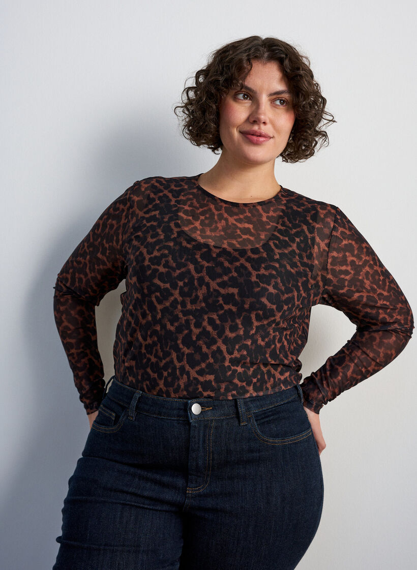 Blouse en maille avec imprim&eacute;, Marron, Model image number 0