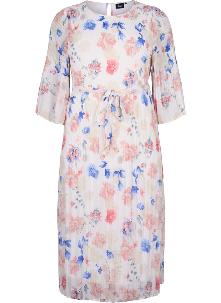 Robe plissée florale avec cordon de serrage, White/Blue Floral, Packshot image number 0