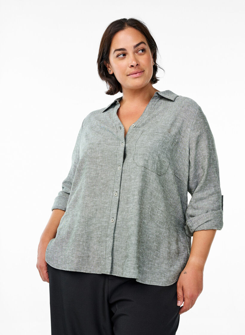 Chemise en lin et viscose avec manches 3/4, Vert, Model image number 0