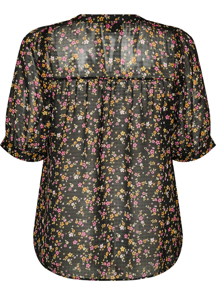 Blouse &agrave; imprim&eacute; floral et col V, Noir, Packshot image number 1