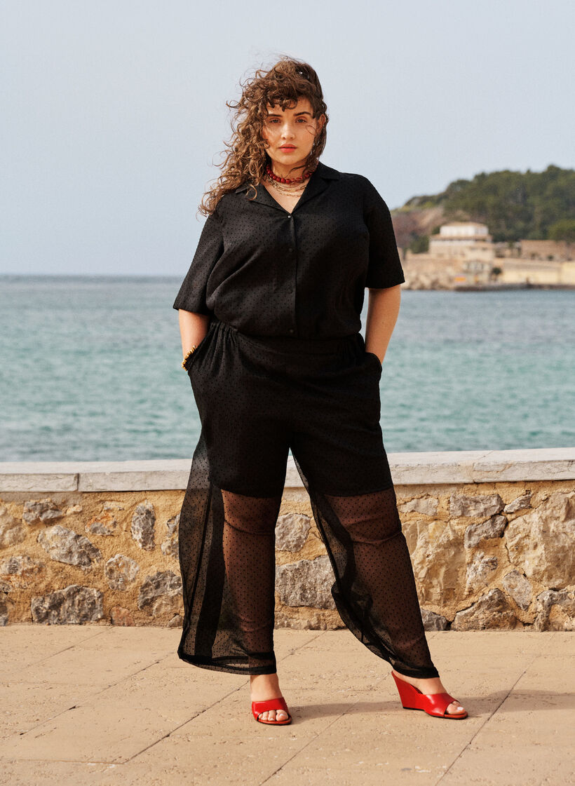 Pantalon ample en mousseline &agrave; pois, Noir, Image