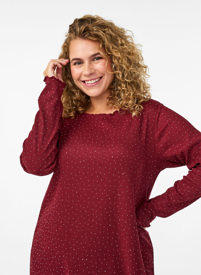 Robe avec strass et bords festonnés, Bordeaux foncé, Model image number 3