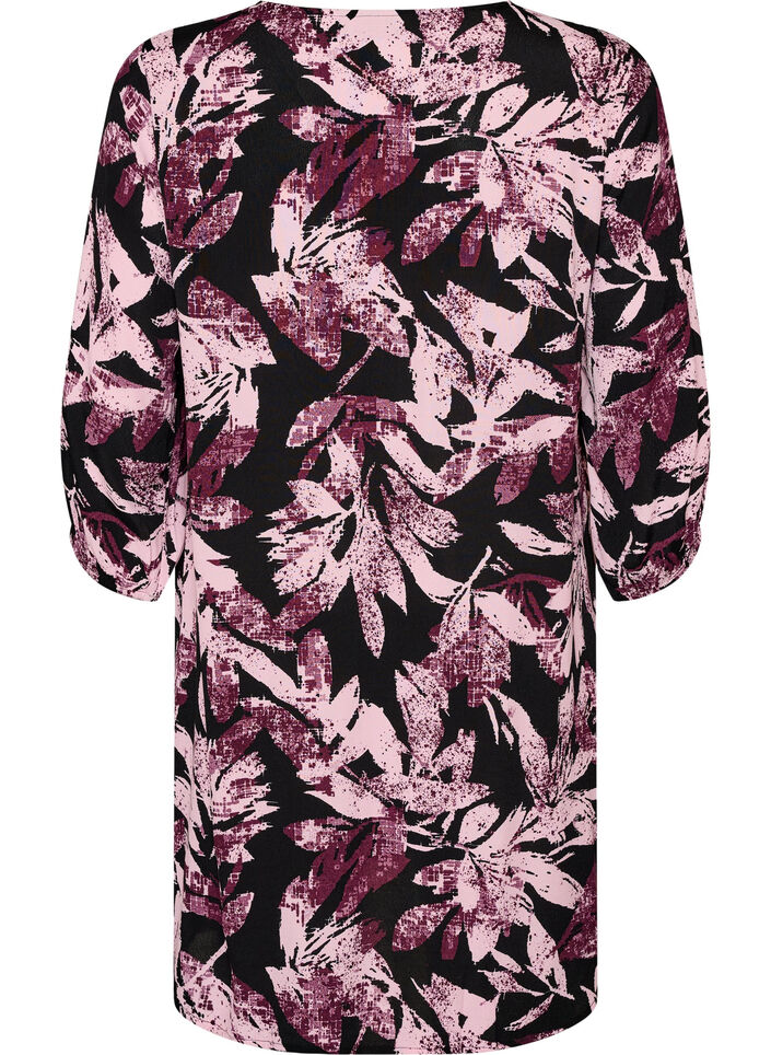 Robe courte fleurie en viscose &agrave; manches 3/4, Noir, Packshot image number 1