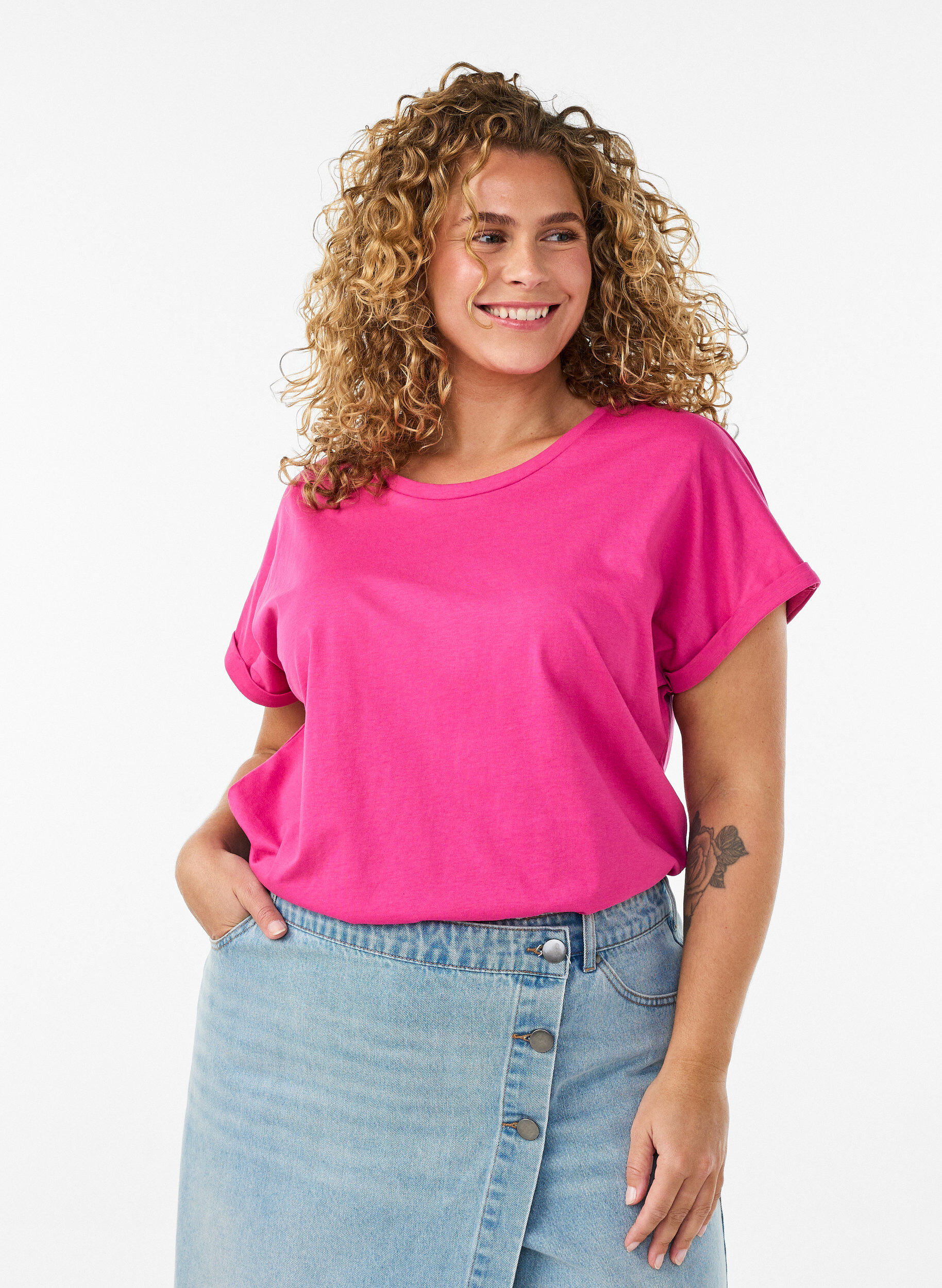T-shirt &agrave; manches courtes en coton m&eacute;lang&eacute;, Rose, Model