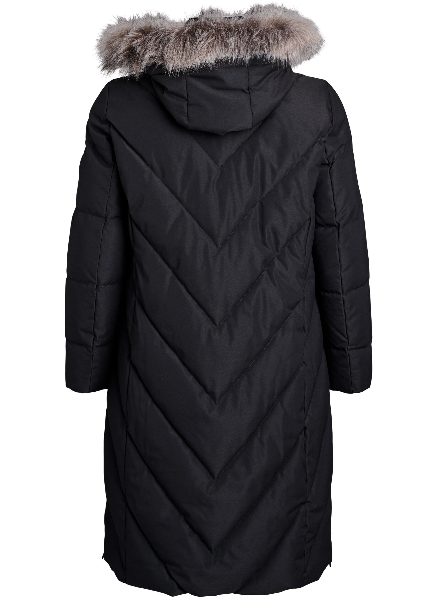 ZizziLong manteau d'hiver &agrave; fermeture &agrave; attaches et col en fausse fourrure, Noir, Packshot image number 1
