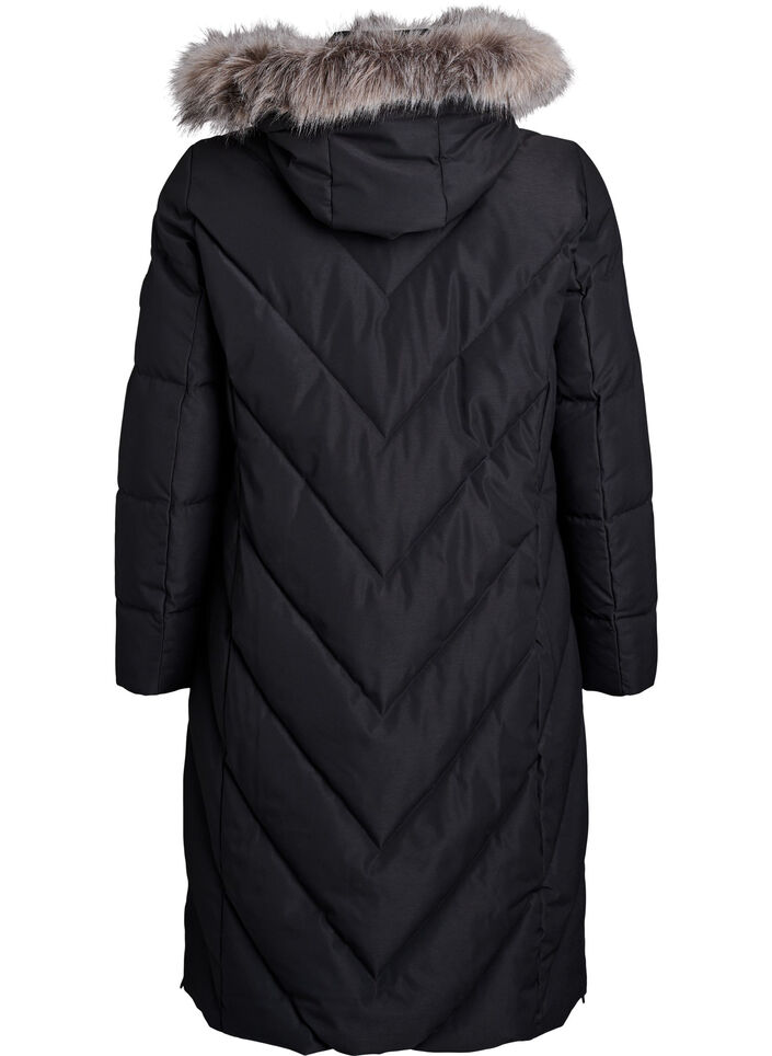 Long manteau d'hiver &agrave; fermeture &agrave; attaches et col en fausse fourrure, Noir, Packshot image number 1