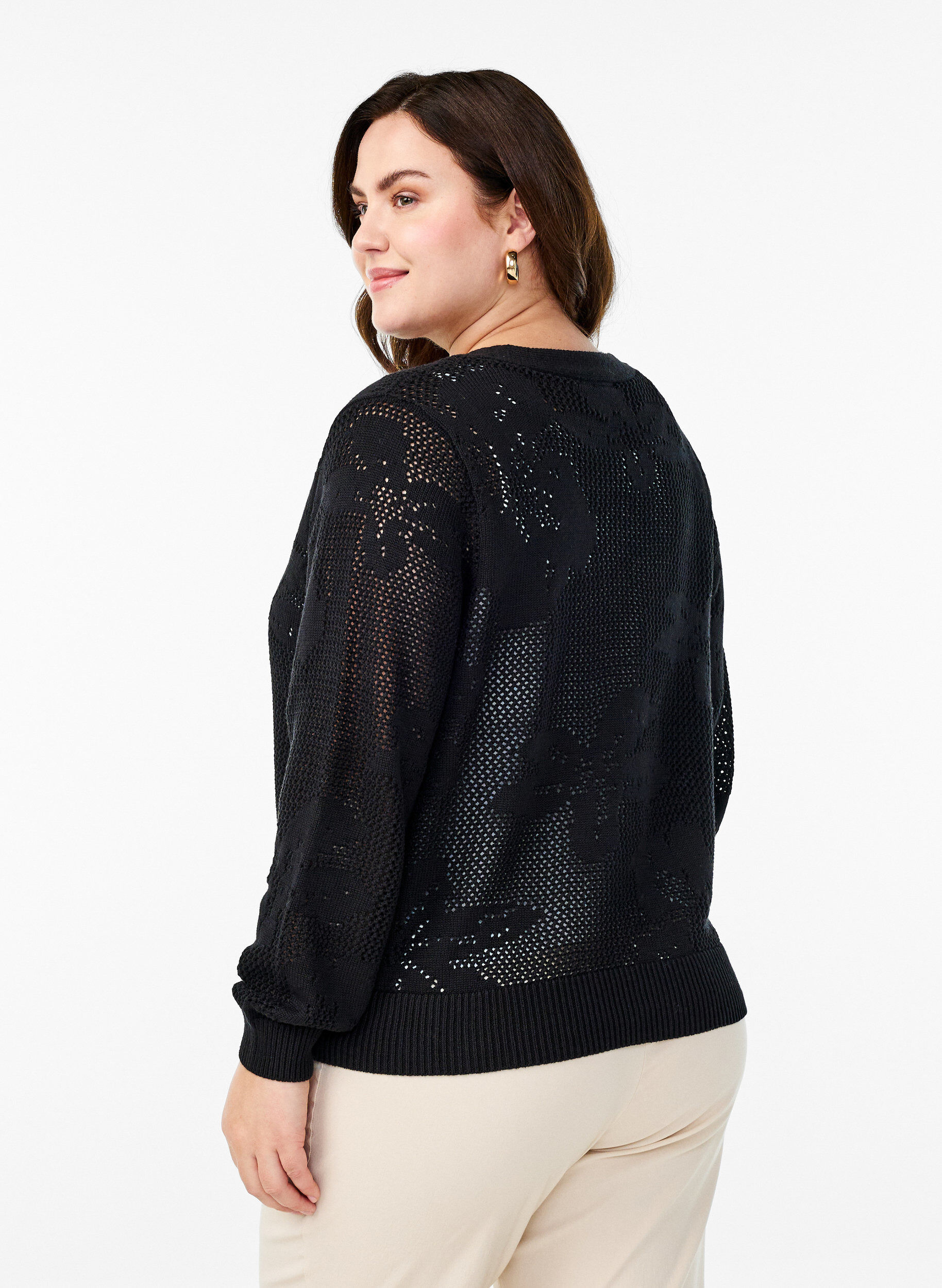 Zizzi Cardigan en maille avec motif en treillis et cordons, Black, Model image number 1