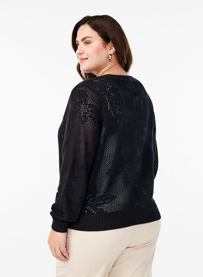 Cardigan en maille avec motif en treillis et cordons, Black, Model image number 1