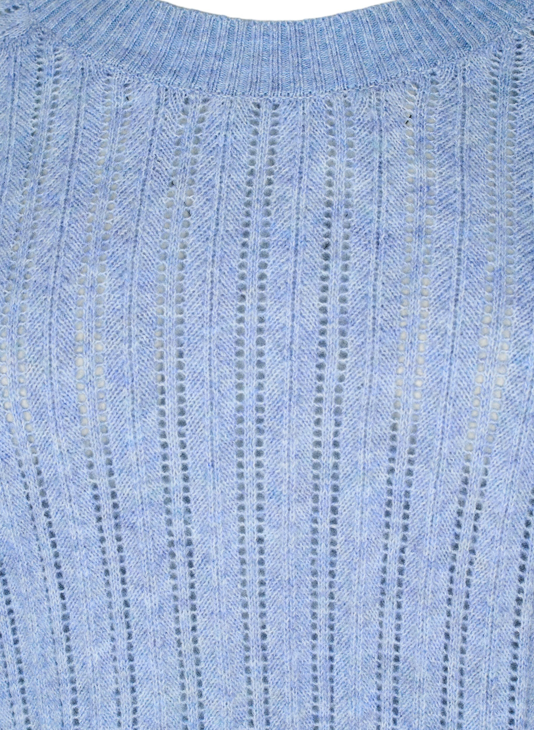Zizzi Blouse en maille l&acirc;che avec manches 3/4 et motif ajour&eacute;, Bleu, Packshot image number 2
