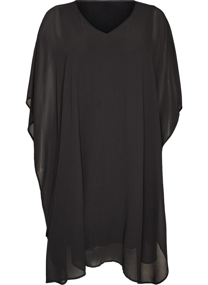 Robe courte en mousseline avec col en V, Noir, Packshot image number 0